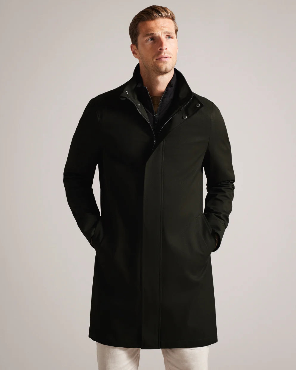 Ted Baker Erolson Longline Funnel Neck Coat Dark Green GIANNOPOULOS.GR