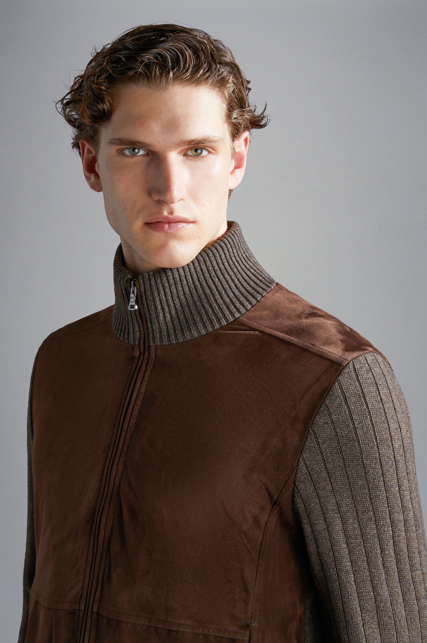 Paul & Shark Wool&Cashmere Cardigan with Leather and Shark Label | Brown