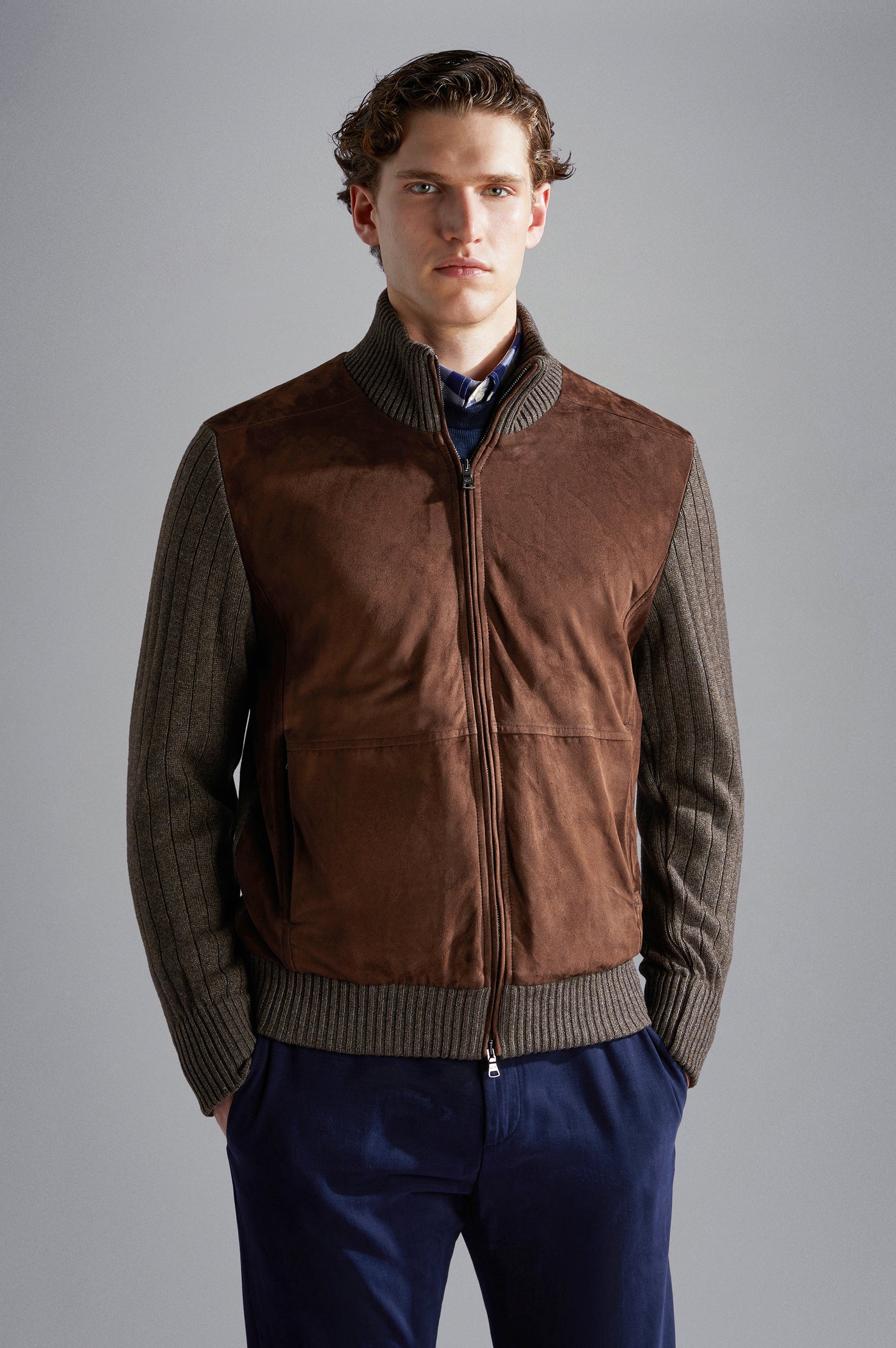 Paul & Shark Wool&Cashmere Cardigan with Leather and Shark Label | Brown