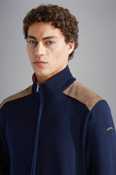 Paul & Shark Wool Cardigan with Corduroy Details and Moon Badge | Navy