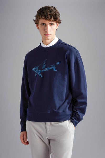 Paul & Shark Winter Fleece Cotton Sweatshirt with Printed Shark | Navy