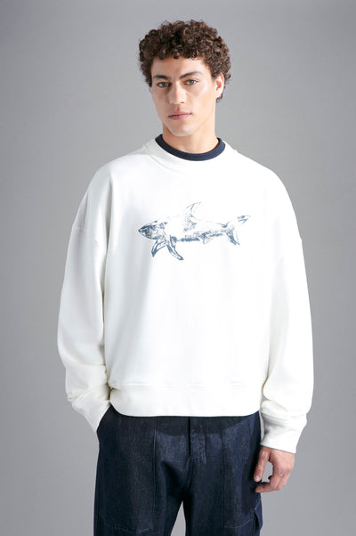 Paul & Shark Winter Fleece Cotton Sweatshirt with Printed Shark | Cream