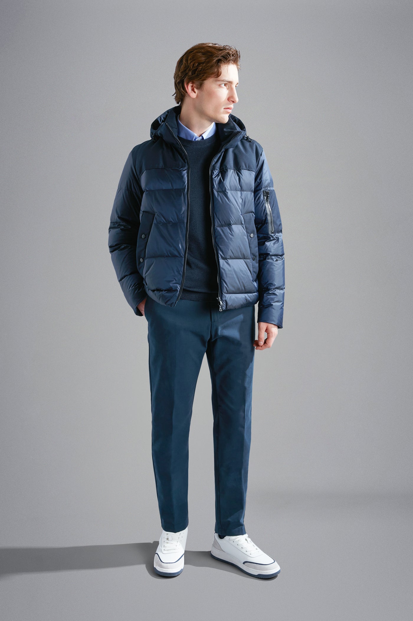 Paul & Shark Iridescent Re-Goose Down Jacket with Shark Fin | Navy