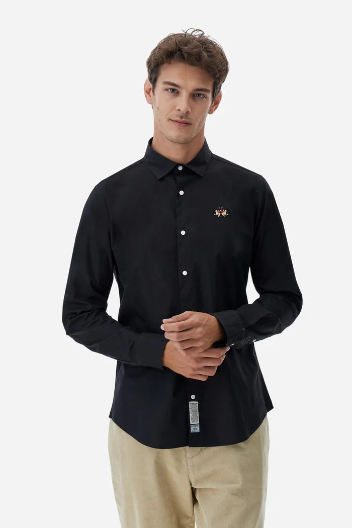 La Martina Slim Fit Cotton Shirt with Semi-Cutaway Collar | Black