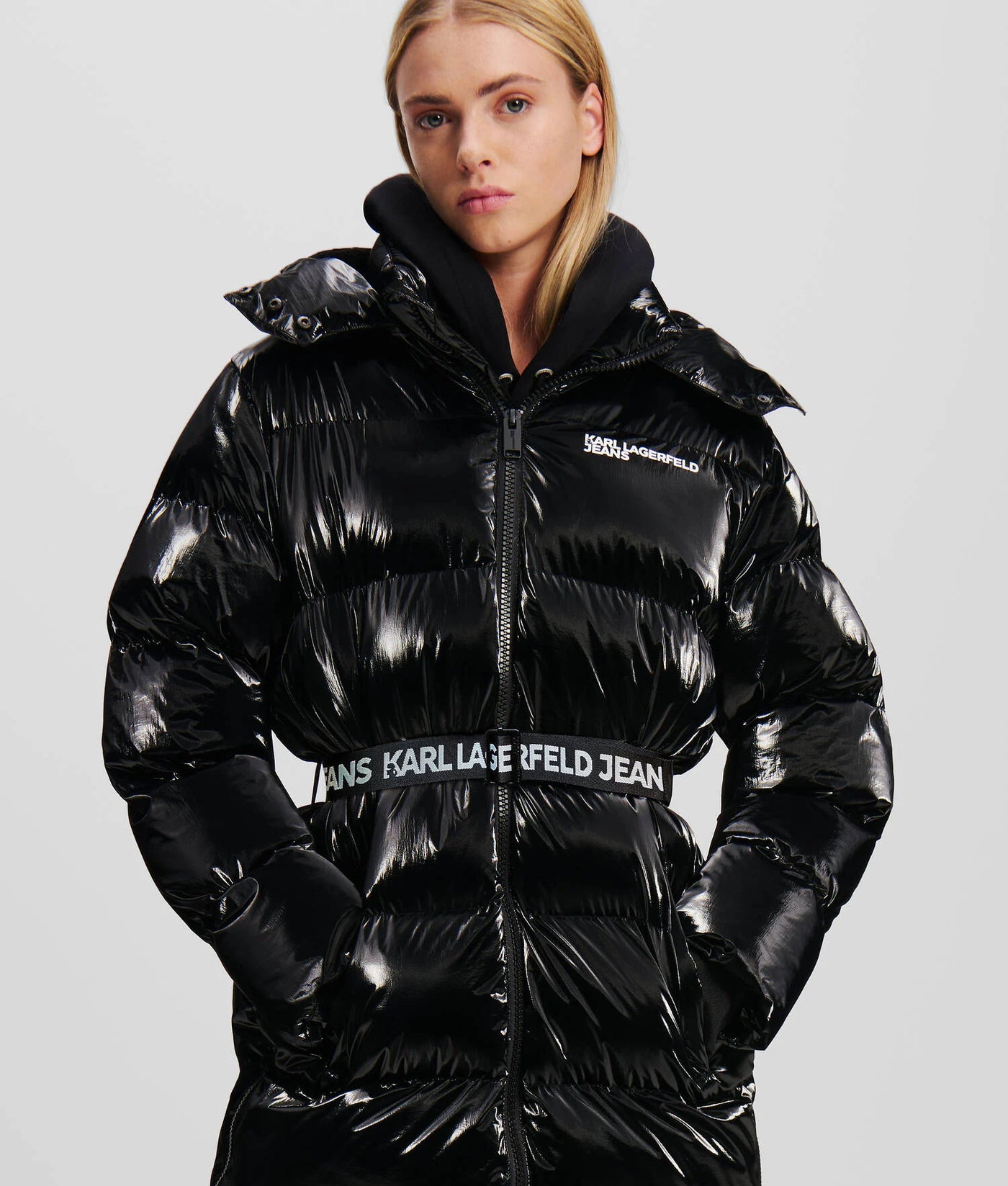 Karl Lagerfeld Long Belted Puffer Jacket | Black