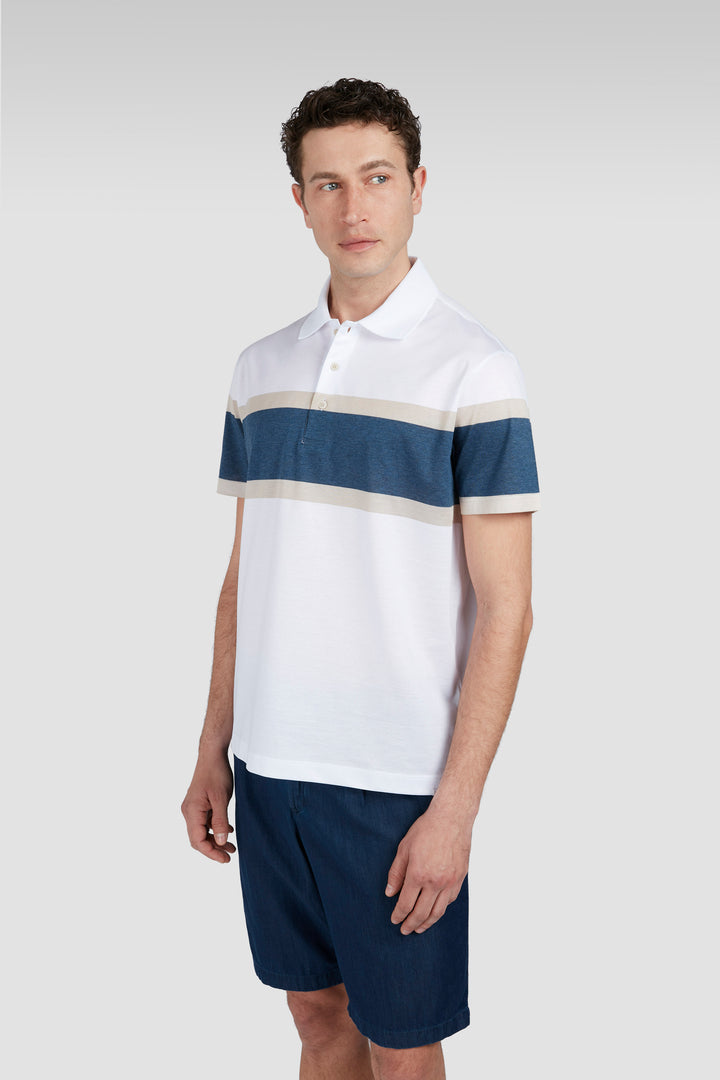 Paul & Shark Perle Cotton Jersey Polo with Maxi Stripes Detail | White/Navy