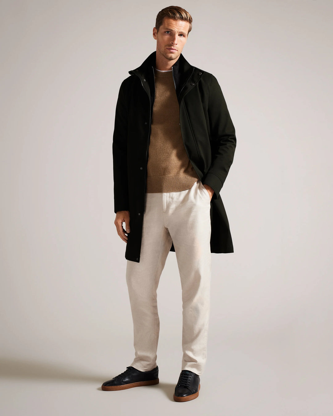 Ted Baker Erolson Longline Funnel Neck Coat | Dark Green