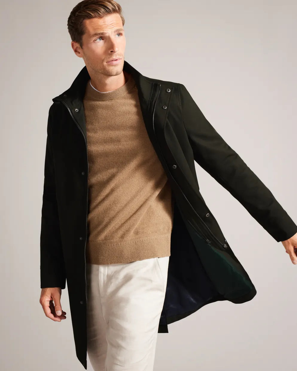 Ted Baker Erolson Longline Funnel Neck Coat Dark Green GIANNOPOULOS.GR