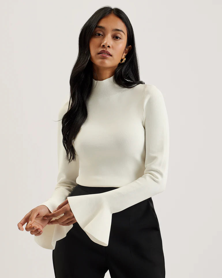 Ted Baker Laynha High Neck Knitted Frill Sleeve Top | Ivory