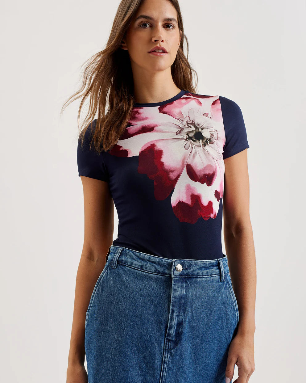 Ted Baker Louannn Printed Short Sleeve Fitted Tee | Navy