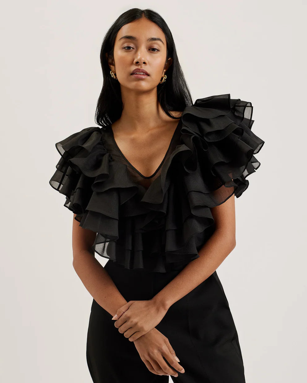 Ted Baker Calonda Oversized Ruffle V Neck Top | Black