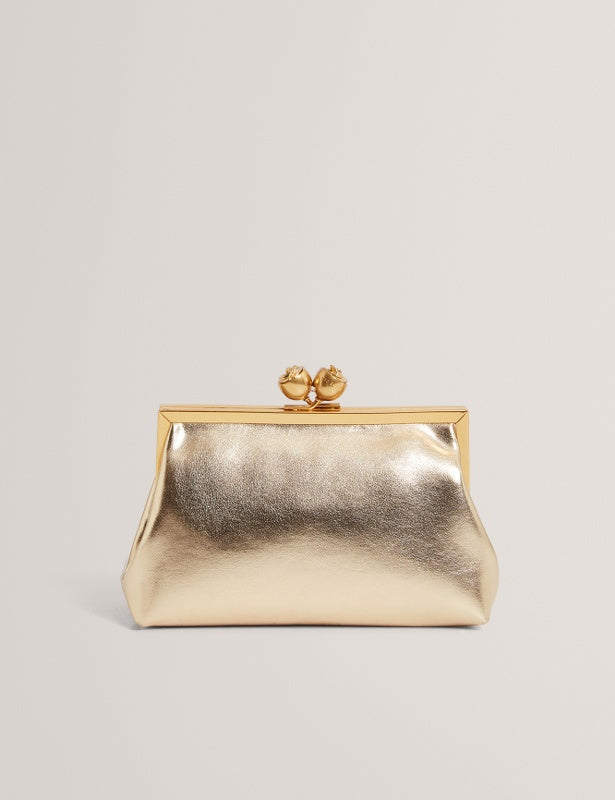 Ted Baker Sylviii Rose Detail Leather Metallic Clutch Bag | Gold