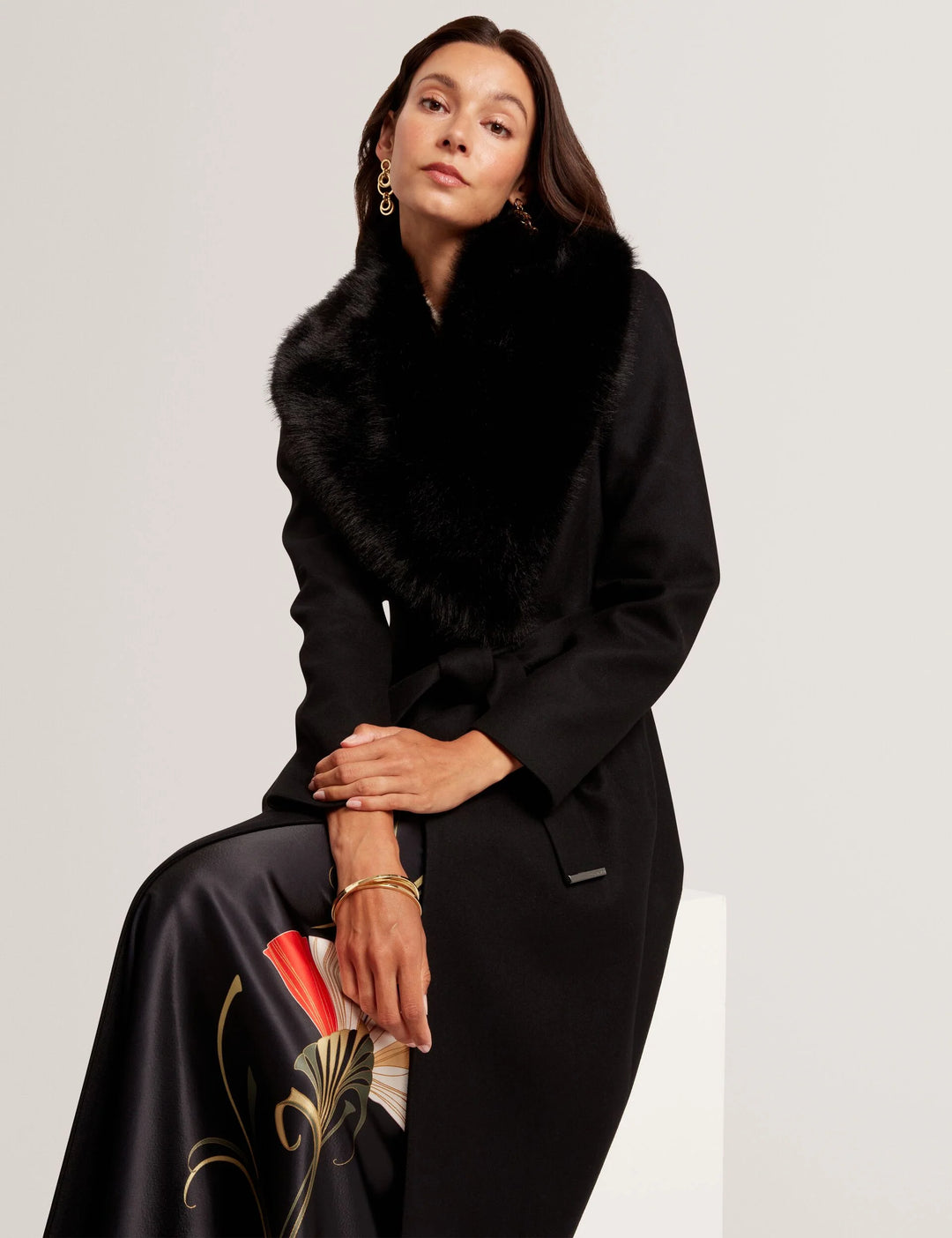 Ted Baker Musea Faux Fur Belted Long Coat | Black