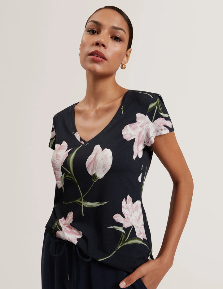 Ted Baker Tulip Print Fitted V-Neck T-Shirt | Navy