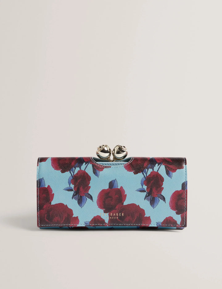 Ted Baker Rose Print Bobble Clasp Large Leather Purse | Mid Blue