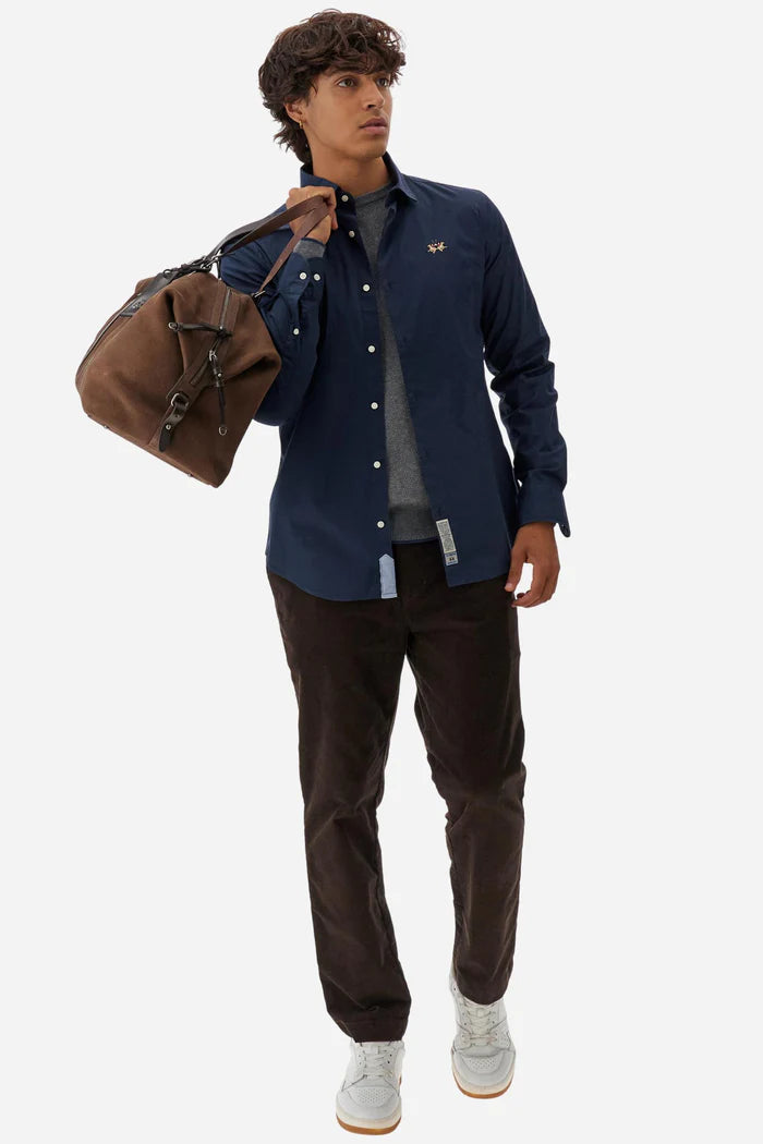 La Martina Slim Fit Cotton Shirt with Semi-Cutaway Collar | Navy