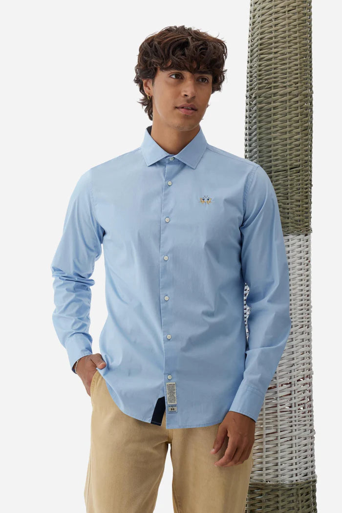 La Martina Slim Fit Cotton Shirt with Semi-Cutaway Collar | Blue
