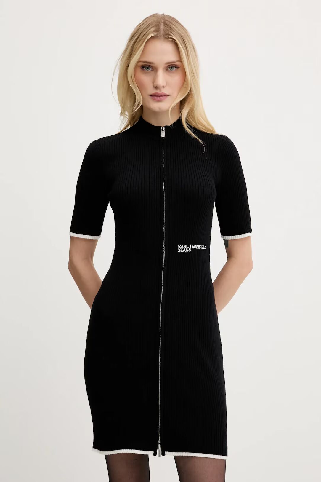 Karl Lagerfeld Short Sleeve Zip Knit Dress | Black