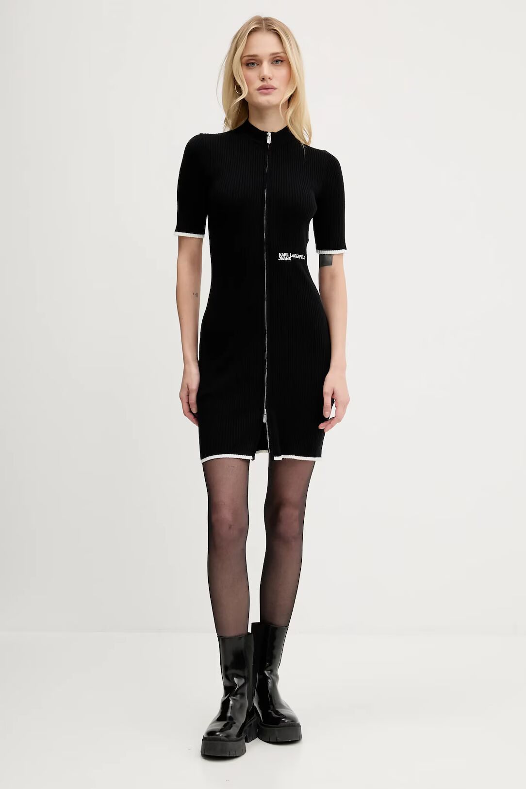 Karl Lagerfeld Short Sleeve Zip Knit Dress | Black