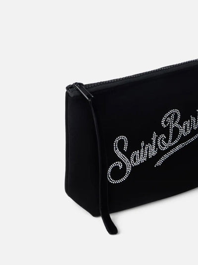 MC2 Saint Barth Velvet Pochette Aline with Rhinestones Logo | Black