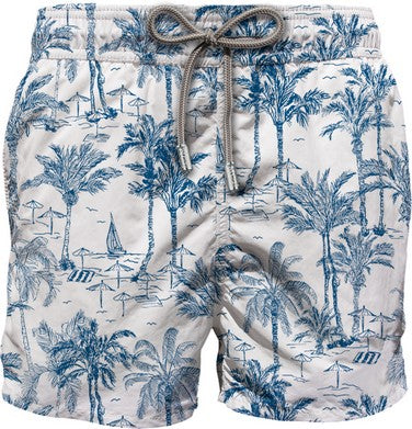 MC2 Saint Barth Mid-length Swim Shorts with Toile de Jouy Print | White/Blue