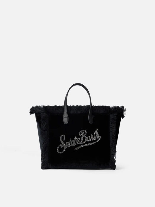 MC2 Saint Barth Mini Vanity Velvet Handbag with Rhinestones Logo | Black