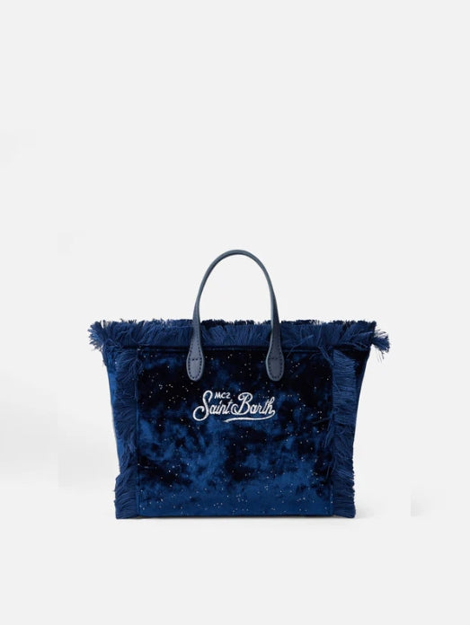 MC2 Saint Barth Mini Vanity Velvet Handbag with Silver Dots | Navy