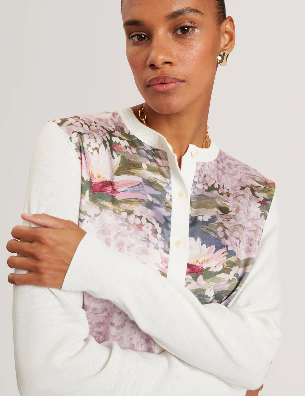 Ted Baker Sisilla Printed Woven Front Cardigan | Ivory