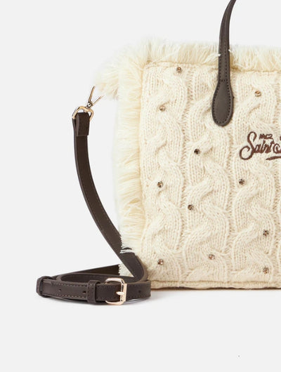 MC2 Saint Barth Cable Knit Colette Handbag with Rhinestones Embellishment | Ecru