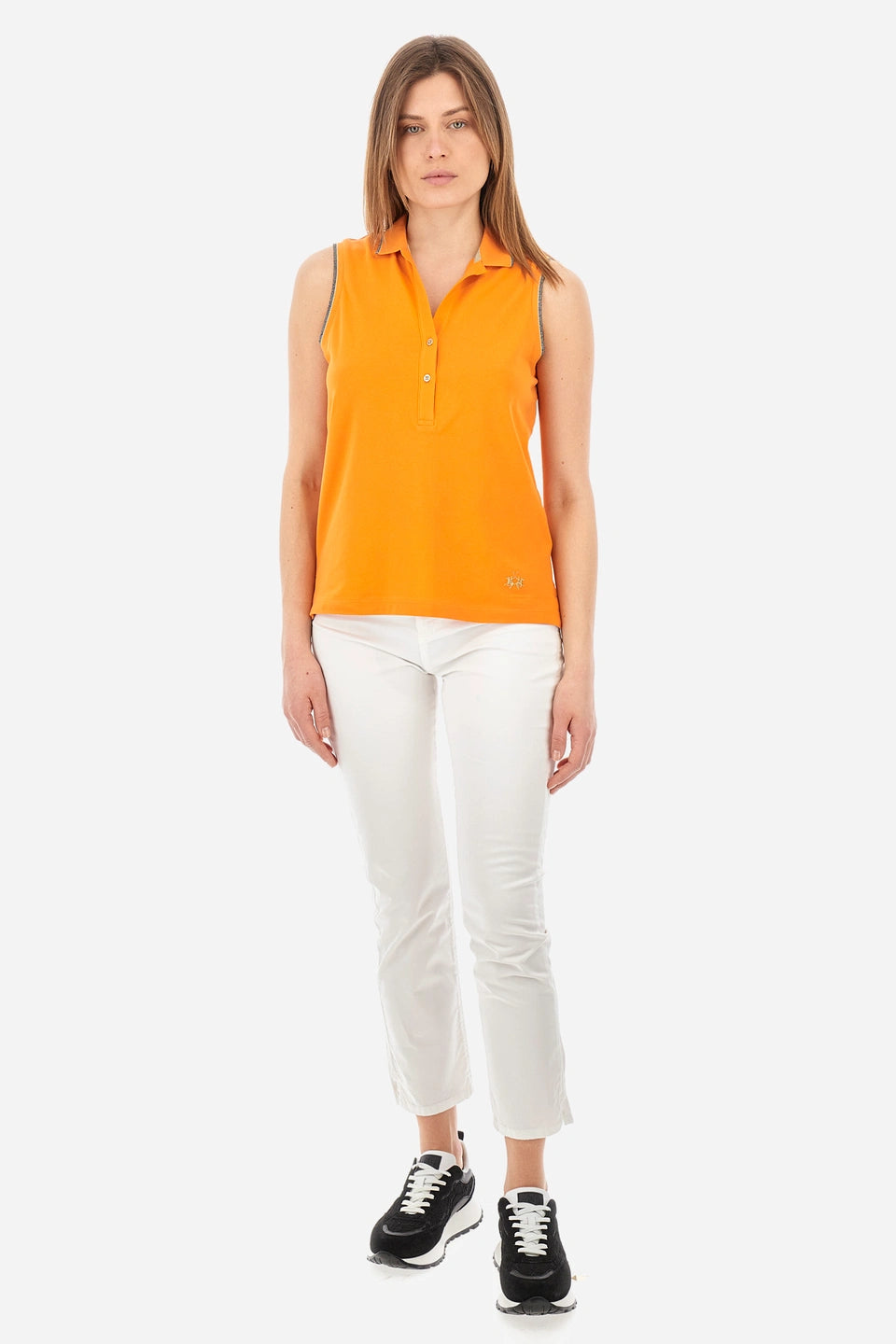 La Martina Regular Fit Sleeveless Polo Shirt in Elasticated Cotton-Yessenia | Orange