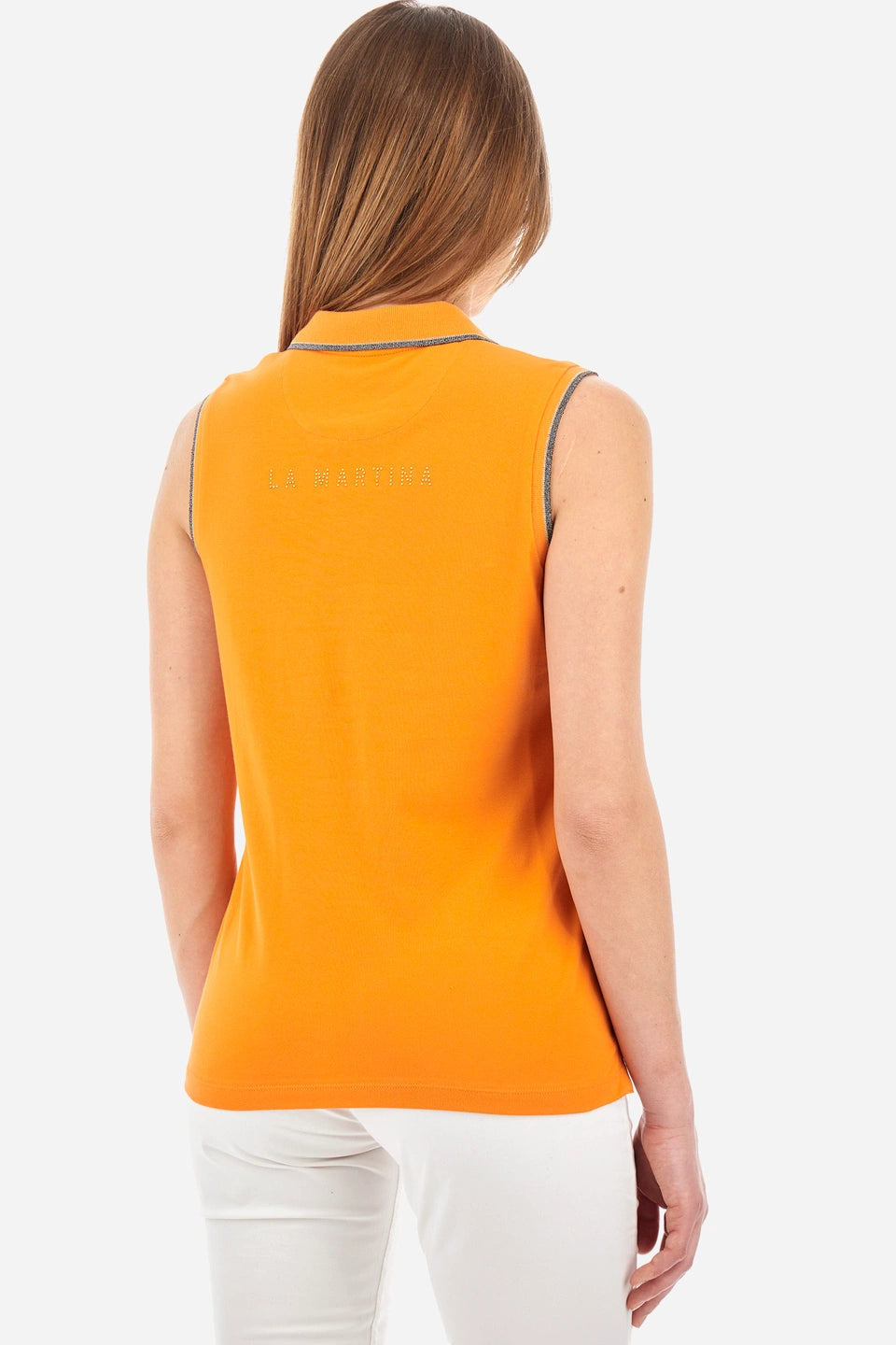 La Martina Regular Fit Sleeveless Polo Shirt in Elasticated Cotton-Yessenia | Orange