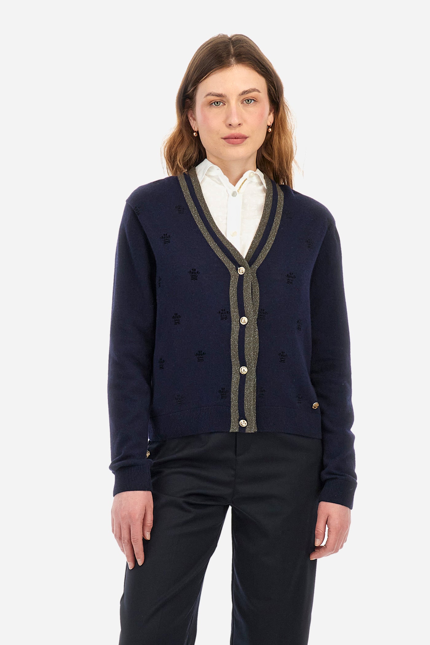 La Martina Wool & Cashmere Cardigan with Grey Trim | Navy