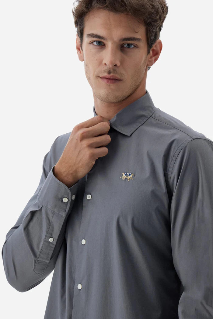 La Martina Slim Fit Cotton Shirt with Semi-Cutaway Collar | Grey