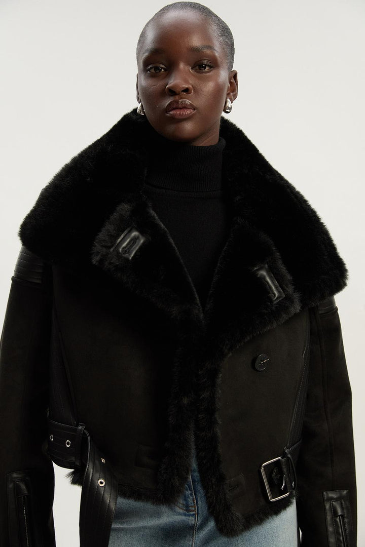 Karen Millen Faux Shearling Crop Biker Coat | Black