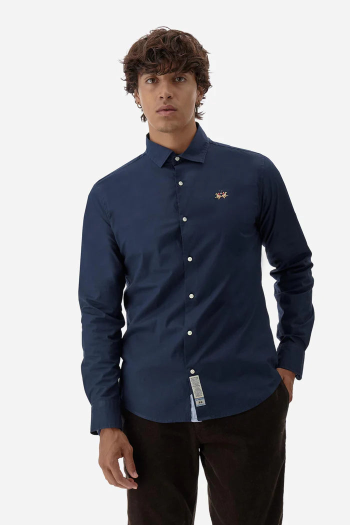 La Martina Slim Fit Cotton Shirt with Semi-Cutaway Collar | Navy