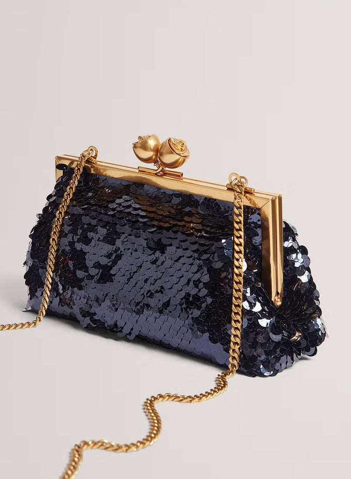 Ted Baker Sequinz Rose Detail Sequin Clutch Bag | Navy