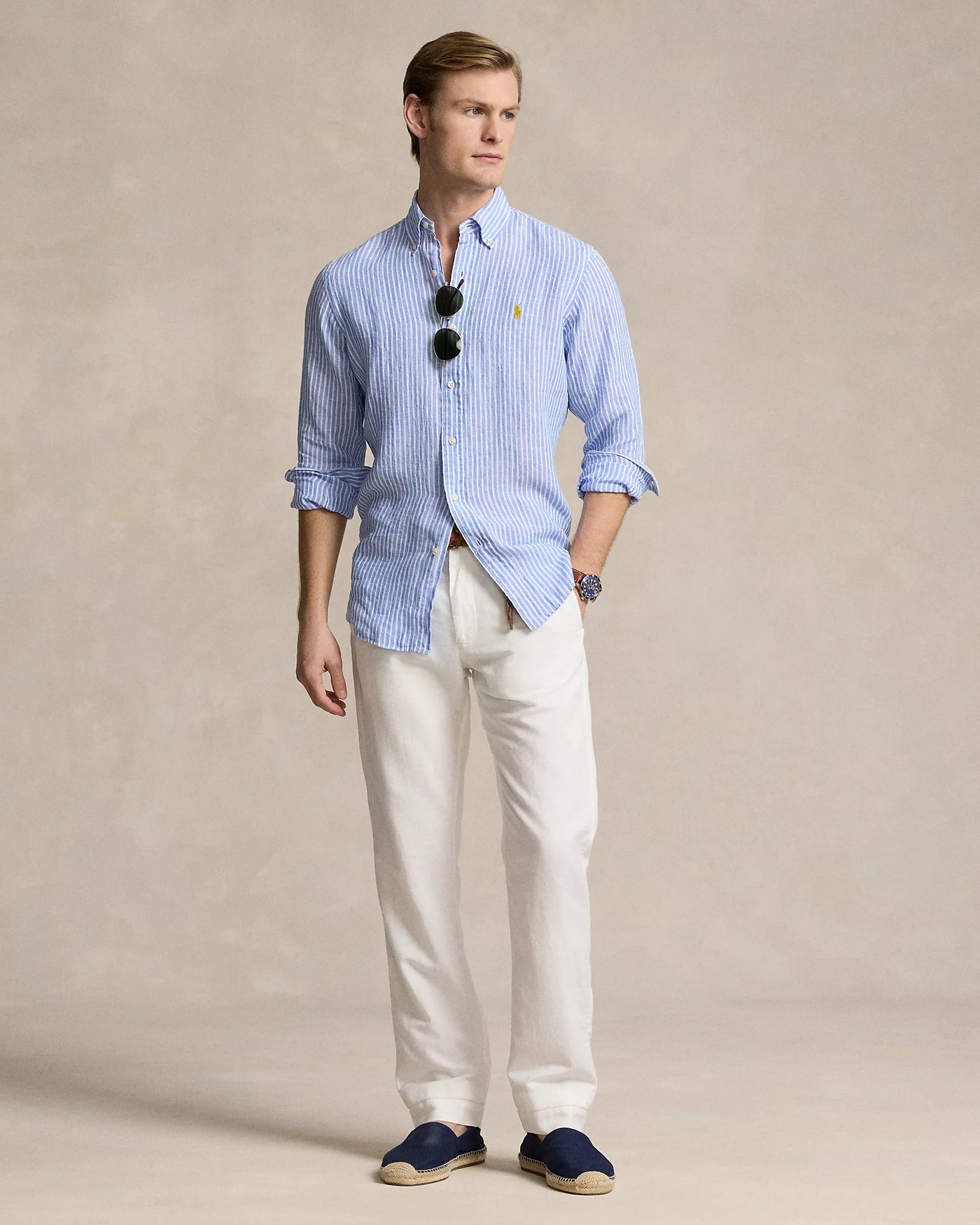 Ralph Lauren Custom Fit Striped Linen Shirt | Blue/White