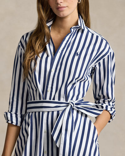 Ralph Lauren Belted Striped Cotton Shirtdress | Navy/White