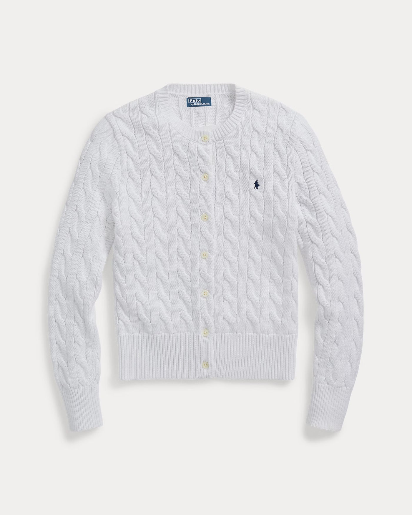 Ralph Lauren Cable-Knit Cotton Crewneck Cardigan | White