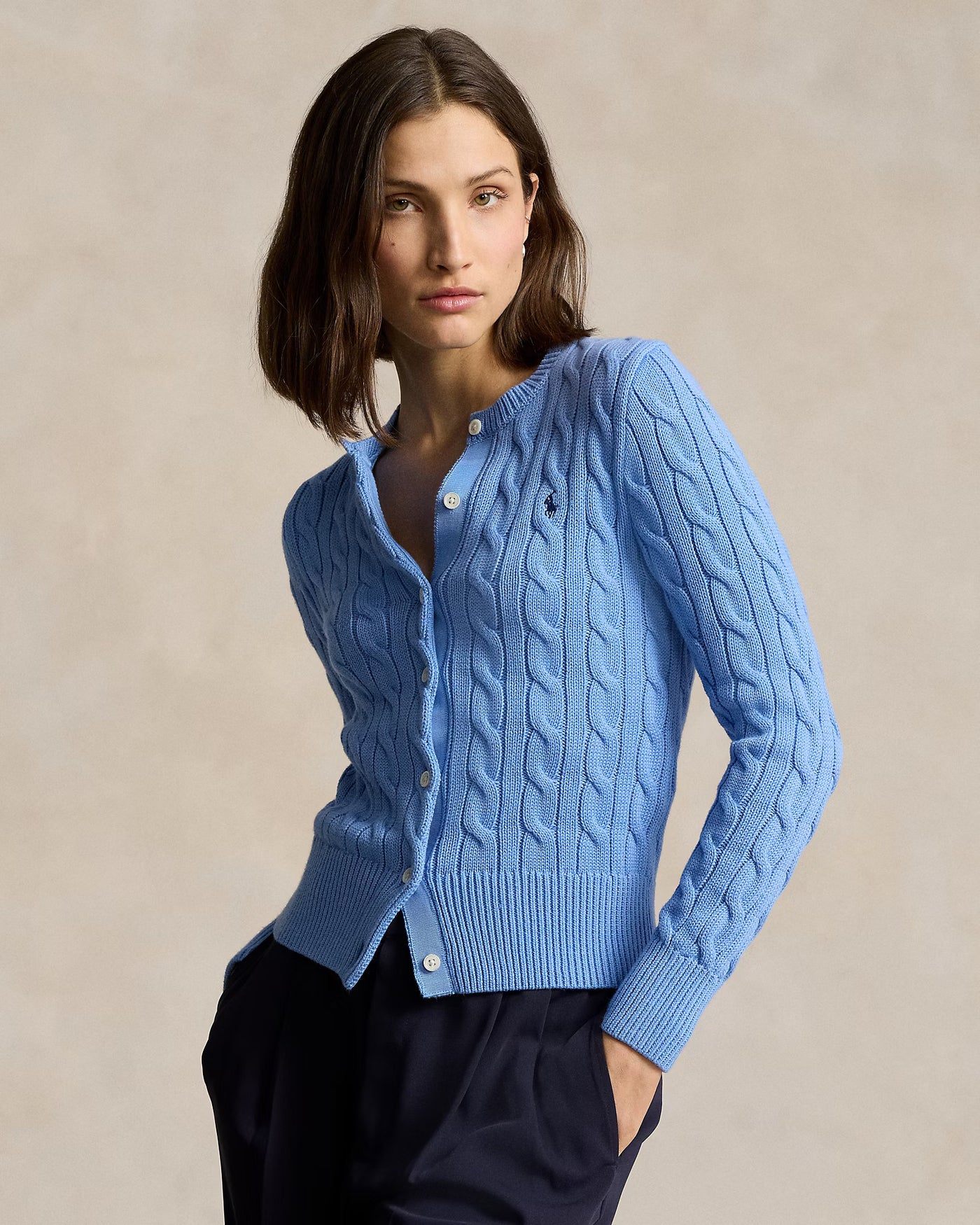 Ralph Lauren Cable-Knit Cotton Crewneck Cardigan | Litchfield Blue