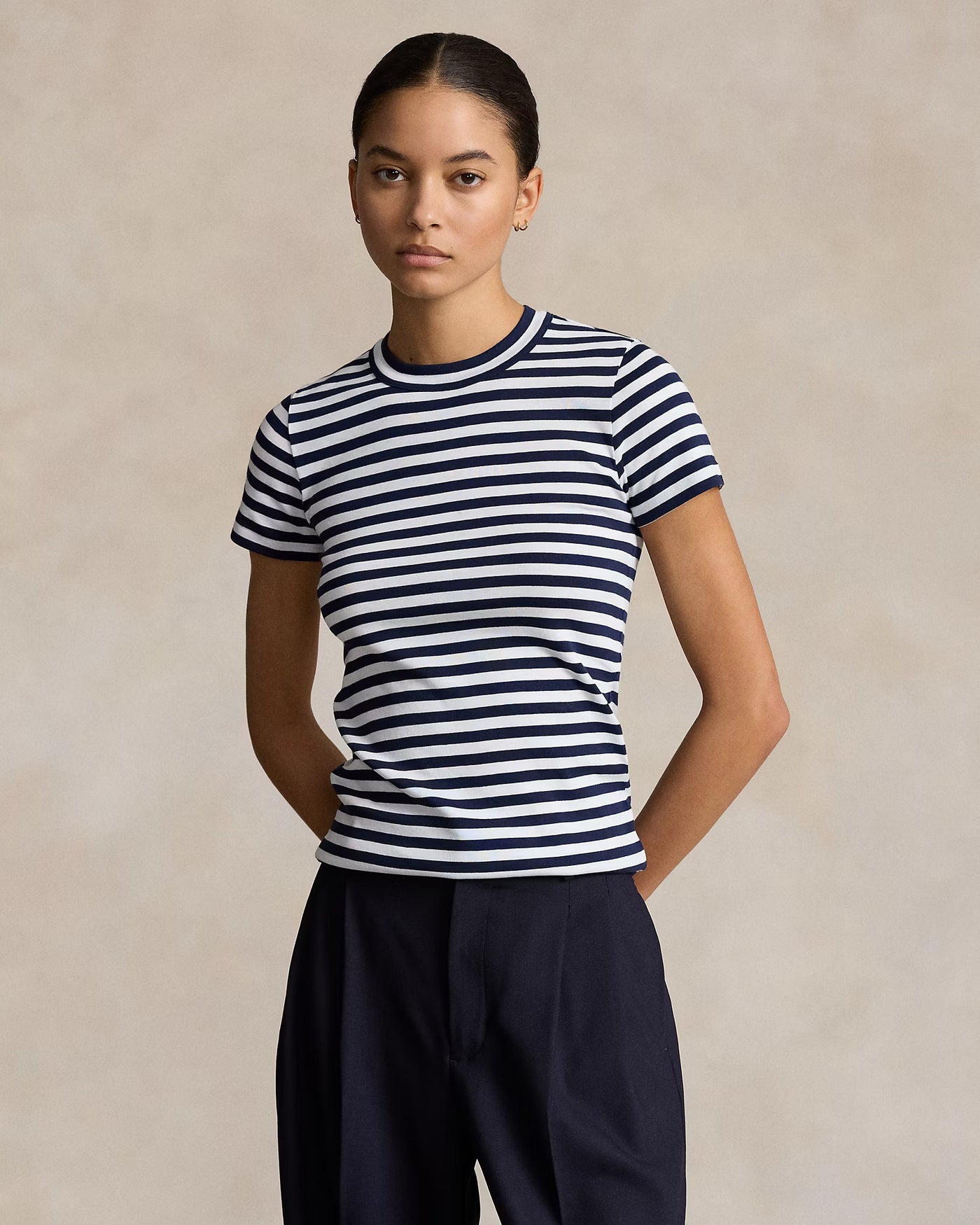 Ralph Lauren Striped Rib-Knit Cotton Crewneck T-Shirt | Navy/White