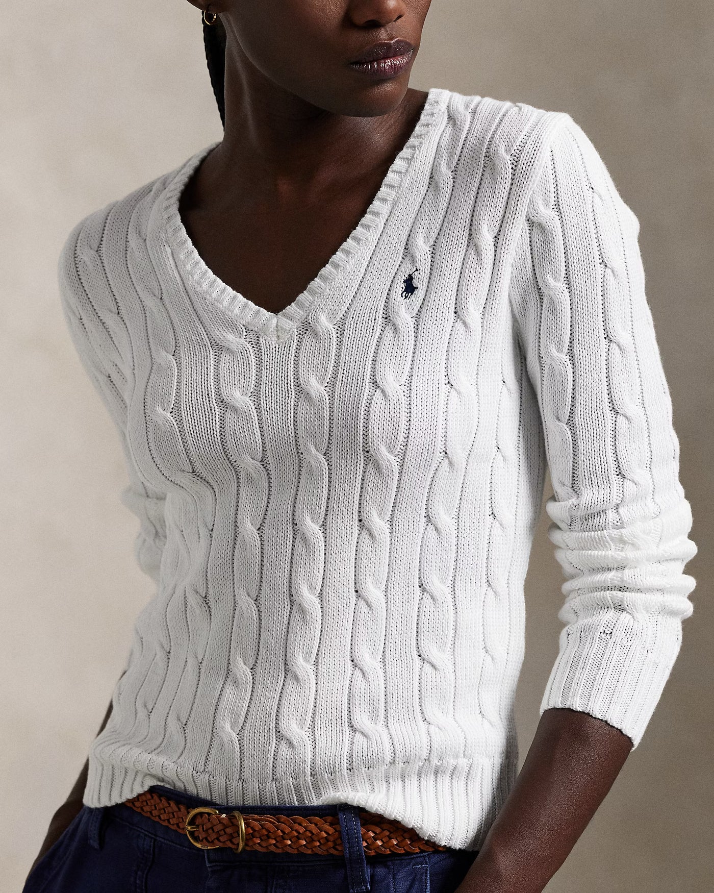 Ralph Lauren Cable-Knit Cotton V-Neck Jumper | White