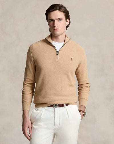 Ralph Lauren Mesh-Knit Cotton Quarter-Zip Jumper | Camel