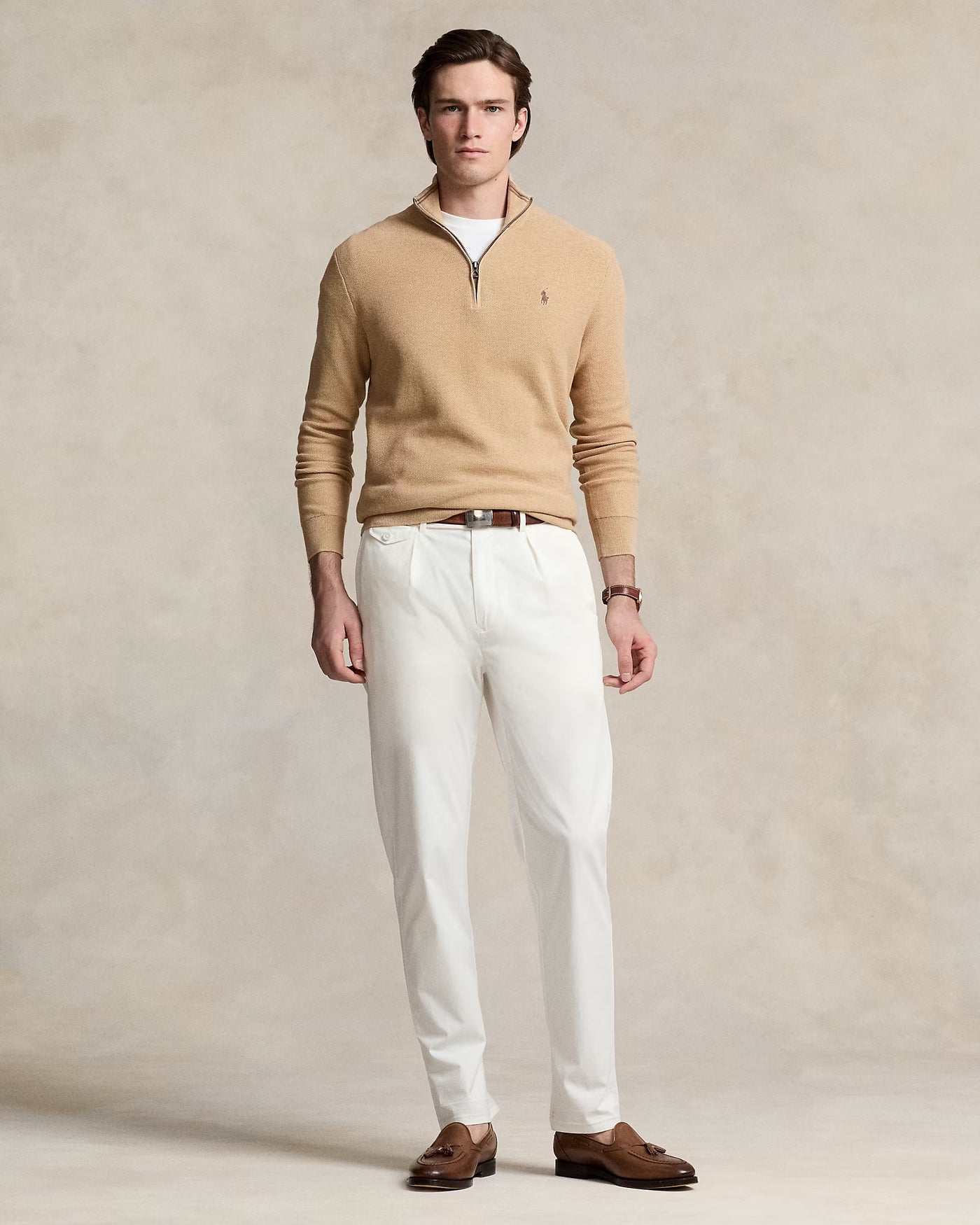 Ralph Lauren Mesh-Knit Cotton Quarter-Zip Jumper | Camel