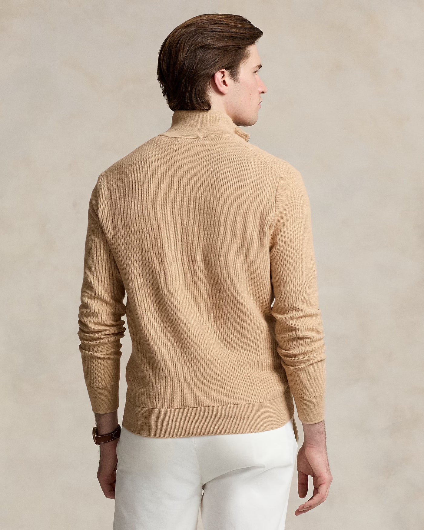 Ralph Lauren Mesh-Knit Cotton Quarter-Zip Jumper | Camel