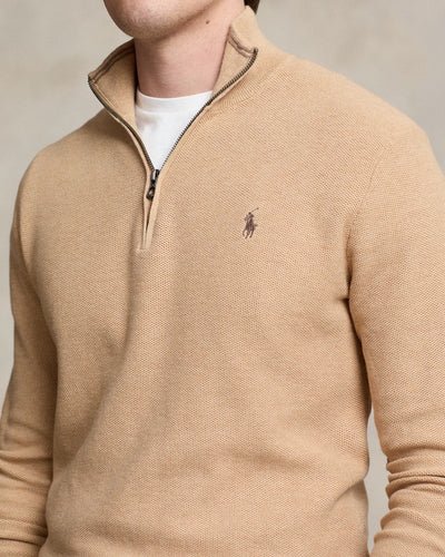 Ralph Lauren Mesh-Knit Cotton Quarter-Zip Jumper | Camel