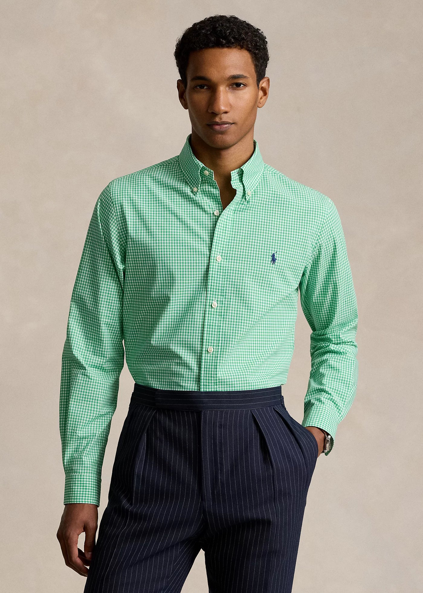 Ralph Lauren Custom Fit Gingham Stretch Poplin Shirt | Emerald/White