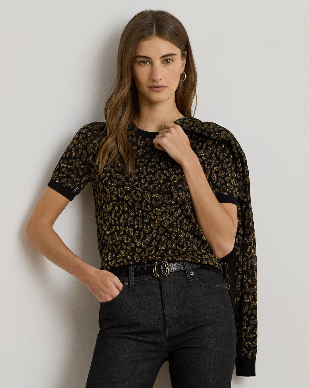 Lauren Ralph Lauren Metallic Ocelot Short-Sleeve Jumper | Black/Gold