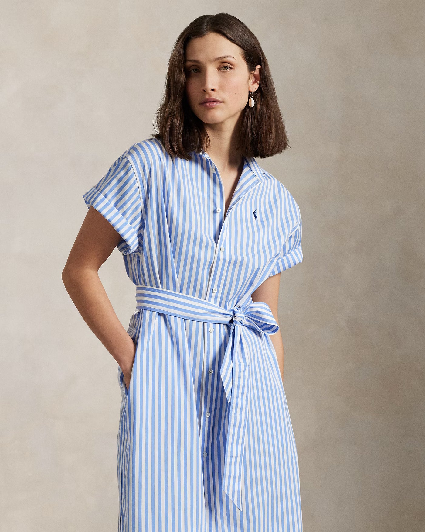 Ralph Lauren Belted Striped Cotton Shirtdress | Blue/White