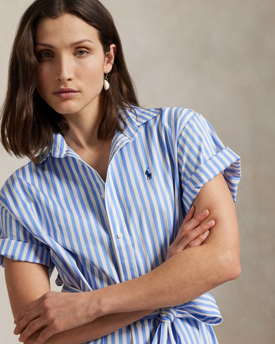 Ralph Lauren Belted Striped Cotton Shirtdress | Blue/White